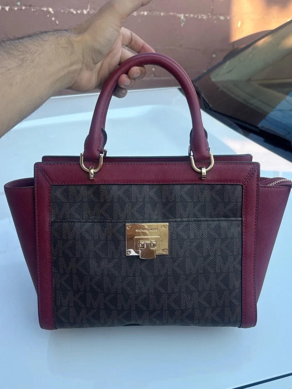 Michael Kors Burgundy and Brown MK Logo Satchel with Gold Hardware